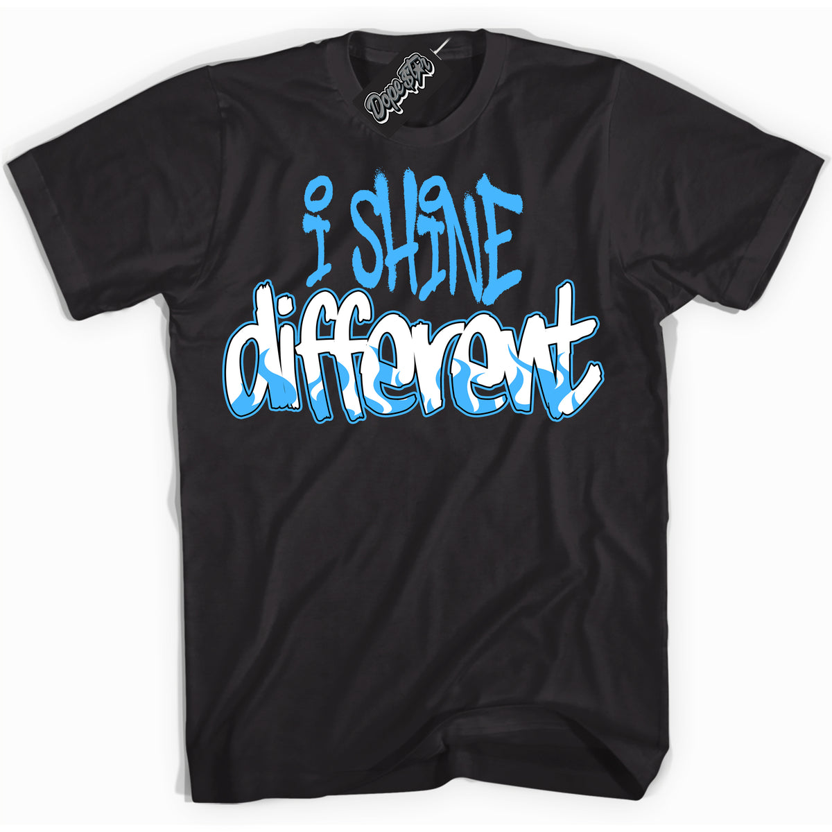 Cool black graphic tee with “ I Shine Different ” design, that perfectly matches Powder Blue 9s sneakers 