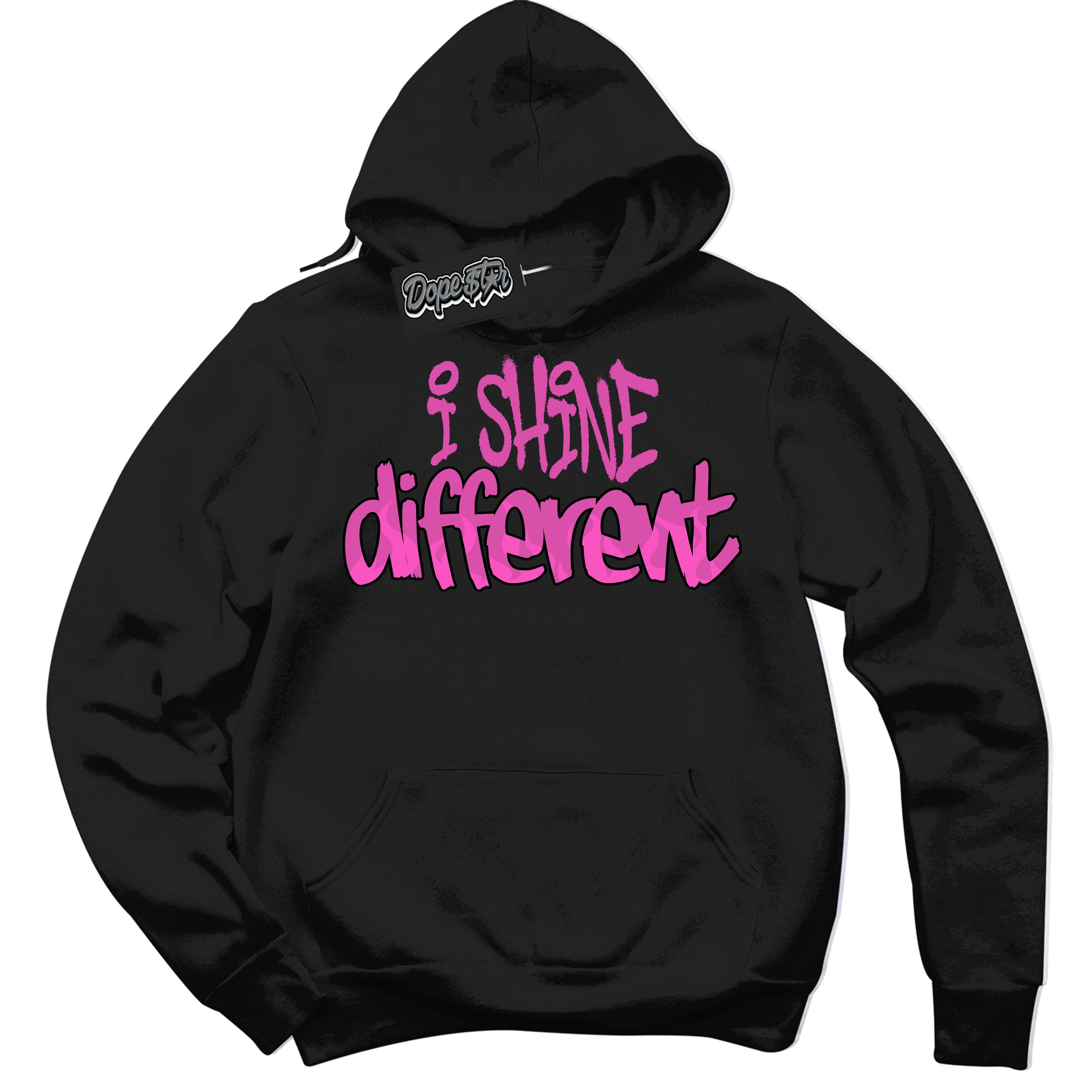 Black Hoodie with playful pink and black "I Shine Different" graphic, made to match Air Max 1 Valentine's Day sneakers | Sneaker Shirts Outlet
