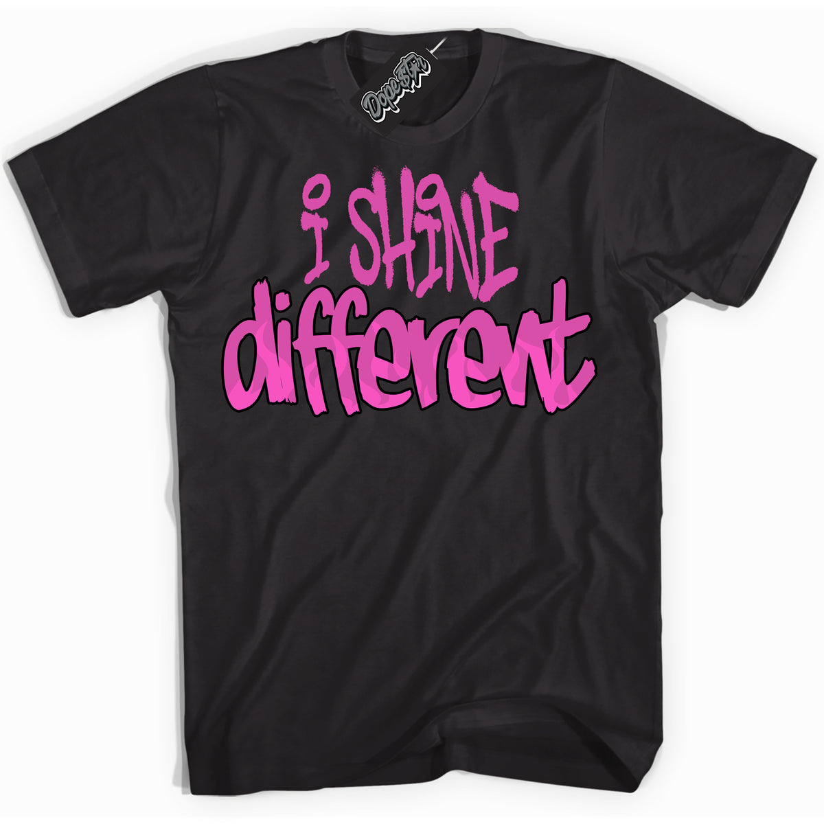 Black T-shirt with playful pink and black "I Shine Different" graphic, made to match Air Max 1 Valentine's Day sneakers | Sneaker Shirts Outlet

