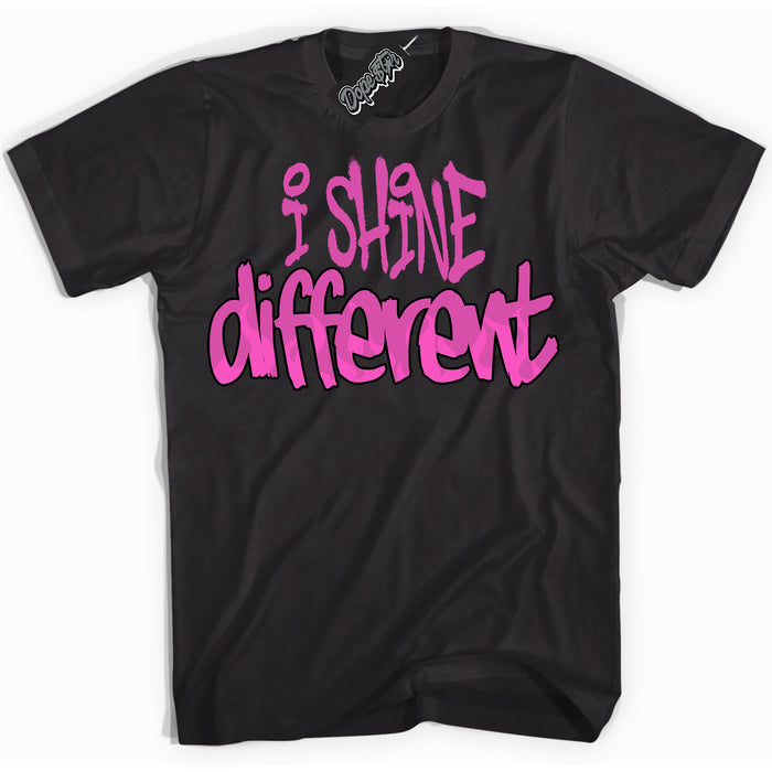 Black T-shirt with playful pink and black "I Shine Different" graphic, made to match Air Max 1 Valentine's Day sneakers | Sneaker Shirts Outlet
