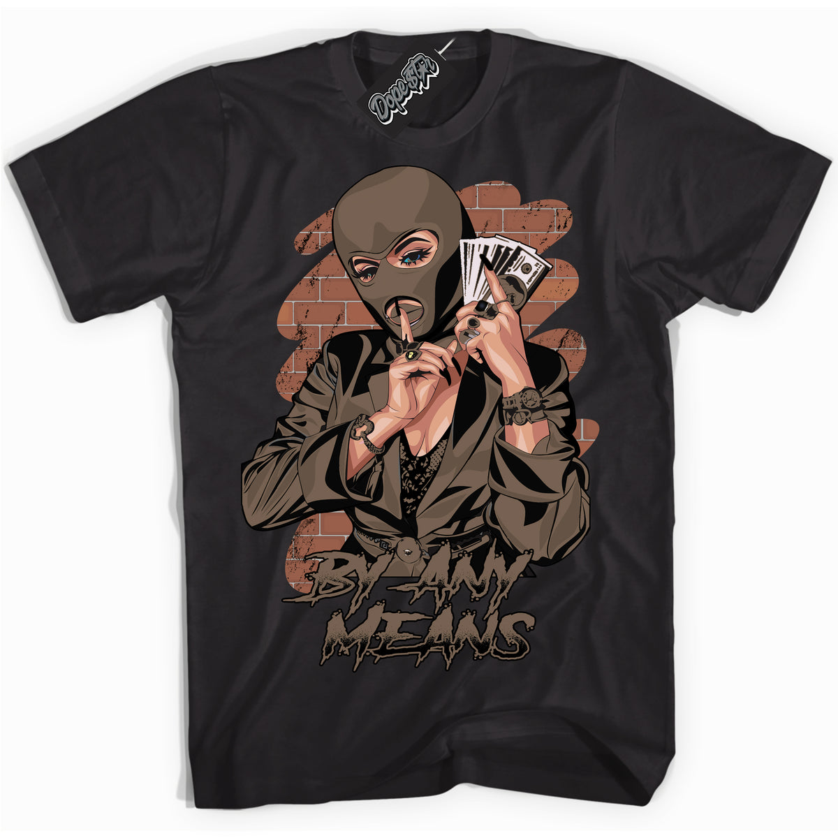 Cool Black Shirt with “By Any Means” design that perfectly matches the Jumpman Jack TR Travis Scott Dark Mocha Sneakers.