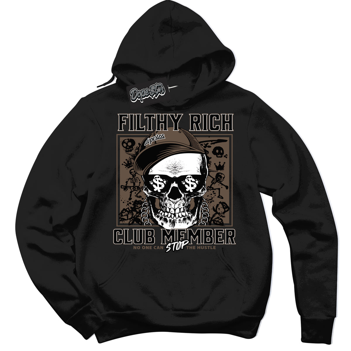 Cool Black Hoodie with “Filthy Rich” design that Perfectly Matches Jumpman Jack TR Travis Scott Dark Mocha Sneakers.
