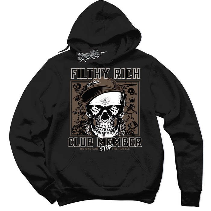 Cool Black Hoodie with “Filthy Rich” design that Perfectly Matches Jumpman Jack TR Travis Scott Dark Mocha Sneakers.