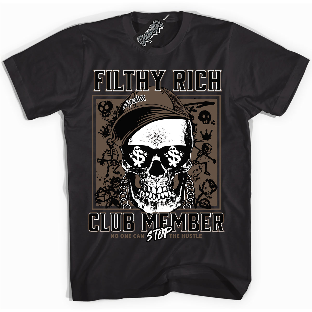 Cool Black Shirt with “Filthy Rich” design that perfectly matches the Jumpman Jack TR Travis Scott Dark Mocha Sneakers.