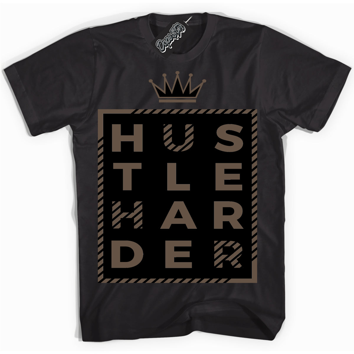 Cool Black Shirt with “Hustle Harder” design that perfectly matches the Jumpman Jack TR Travis Scott Dark Mocha Sneakers.