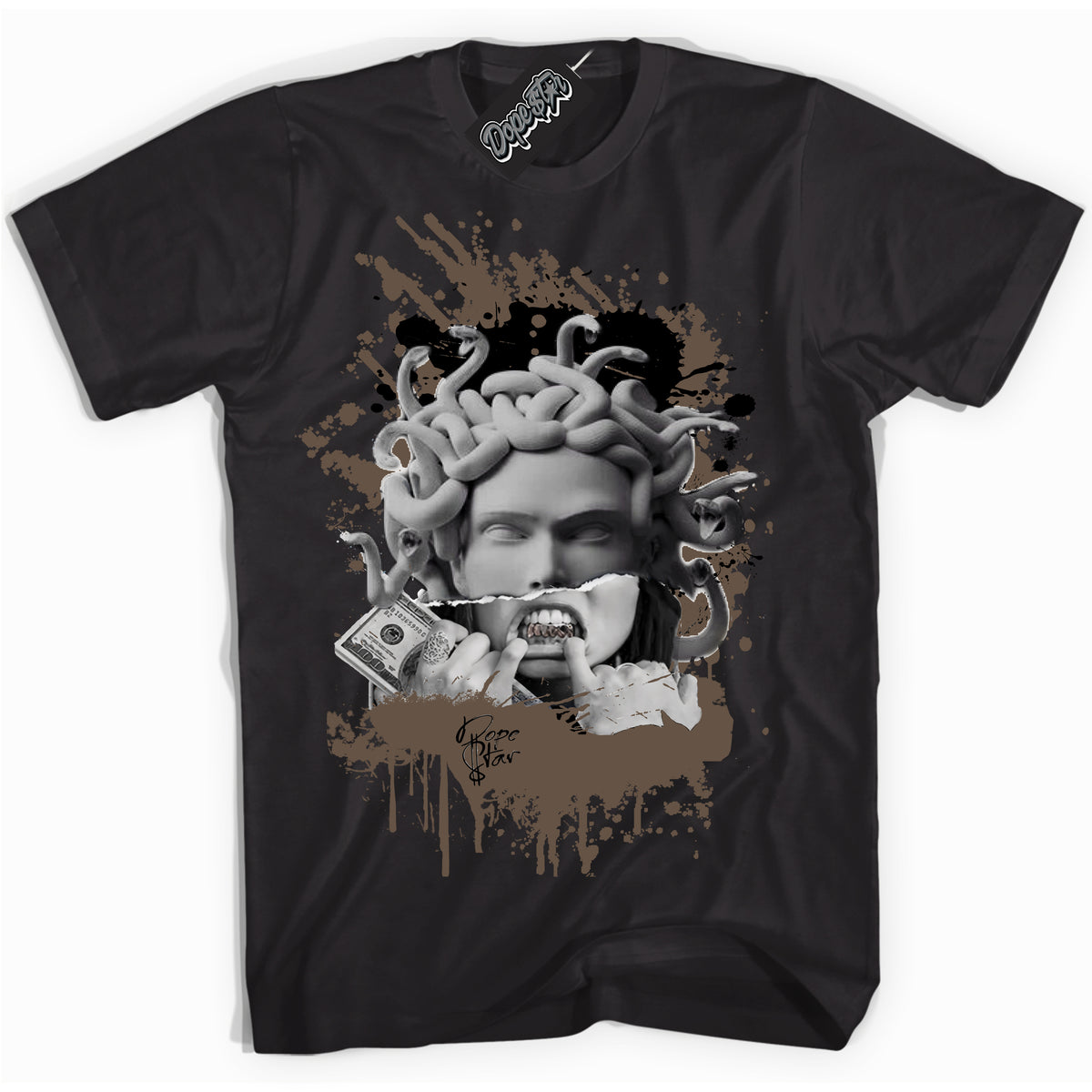 Cool Black Shirt with “Medusa” design that perfectly matches the Jumpman Jack TR Travis Scott Dark Mocha Sneakers.