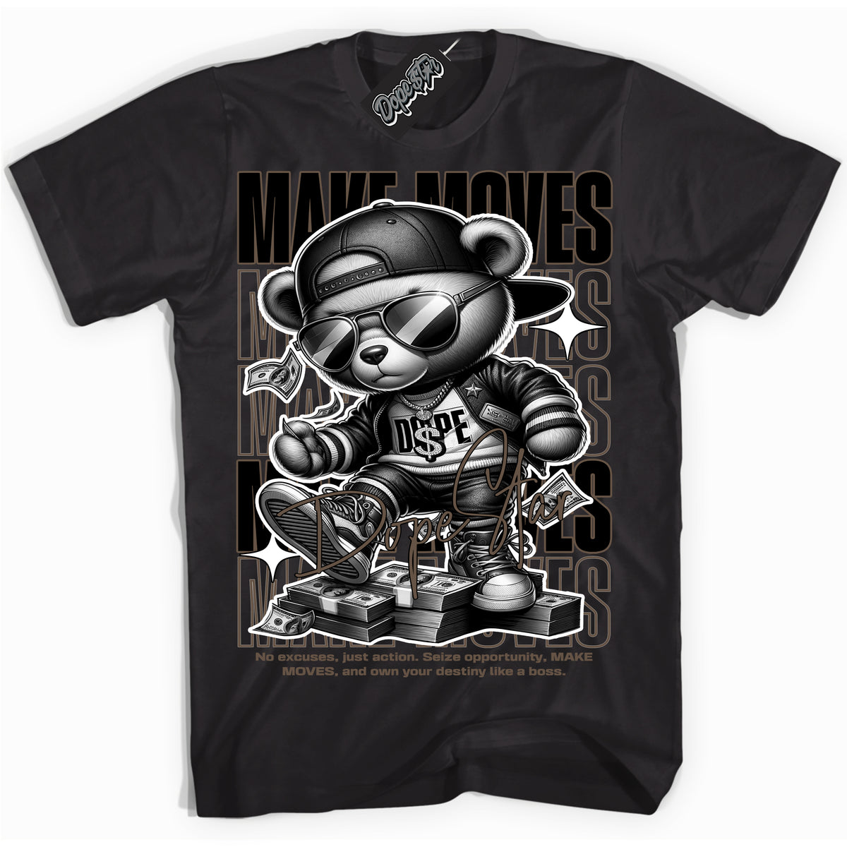 Cool Black Shirt with “Make Moves” design that perfectly matches the Jumpman Jack TR Travis Scott Dark Mocha Sneakers.