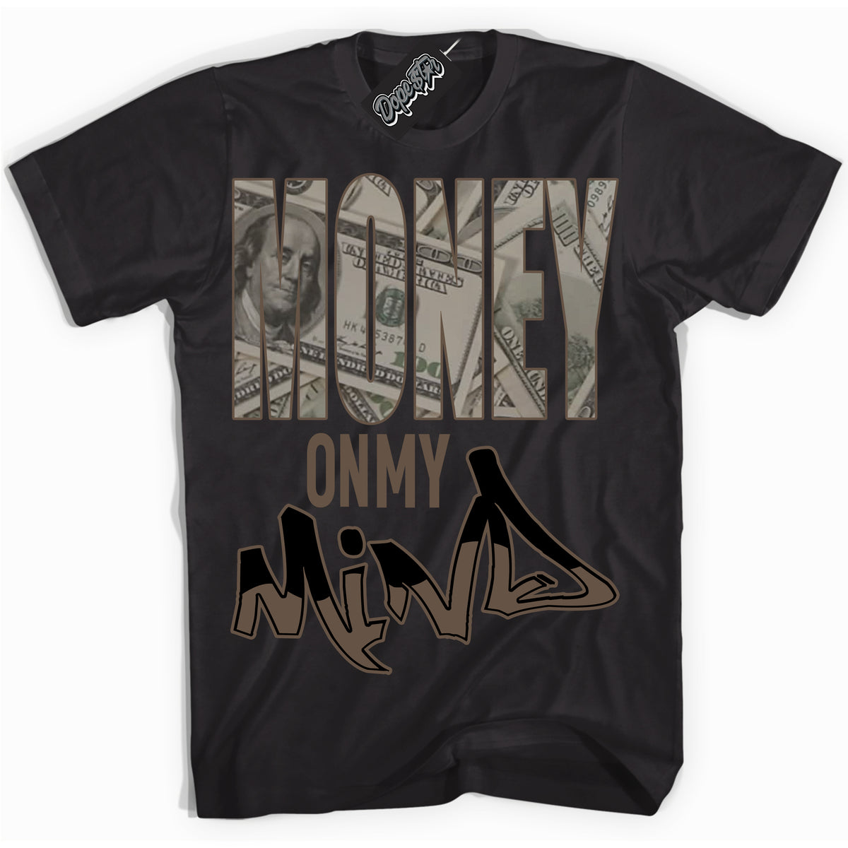 Cool Black Shirt with “Money On My Mind” design that perfectly matches the Jumpman Jack TR Travis Scott Dark Mocha Sneakers.