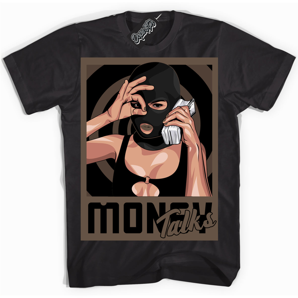 Cool Black Shirt with “Money Talks” design that perfectly matches the Jumpman Jack TR Travis Scott Dark Mocha Sneakers.