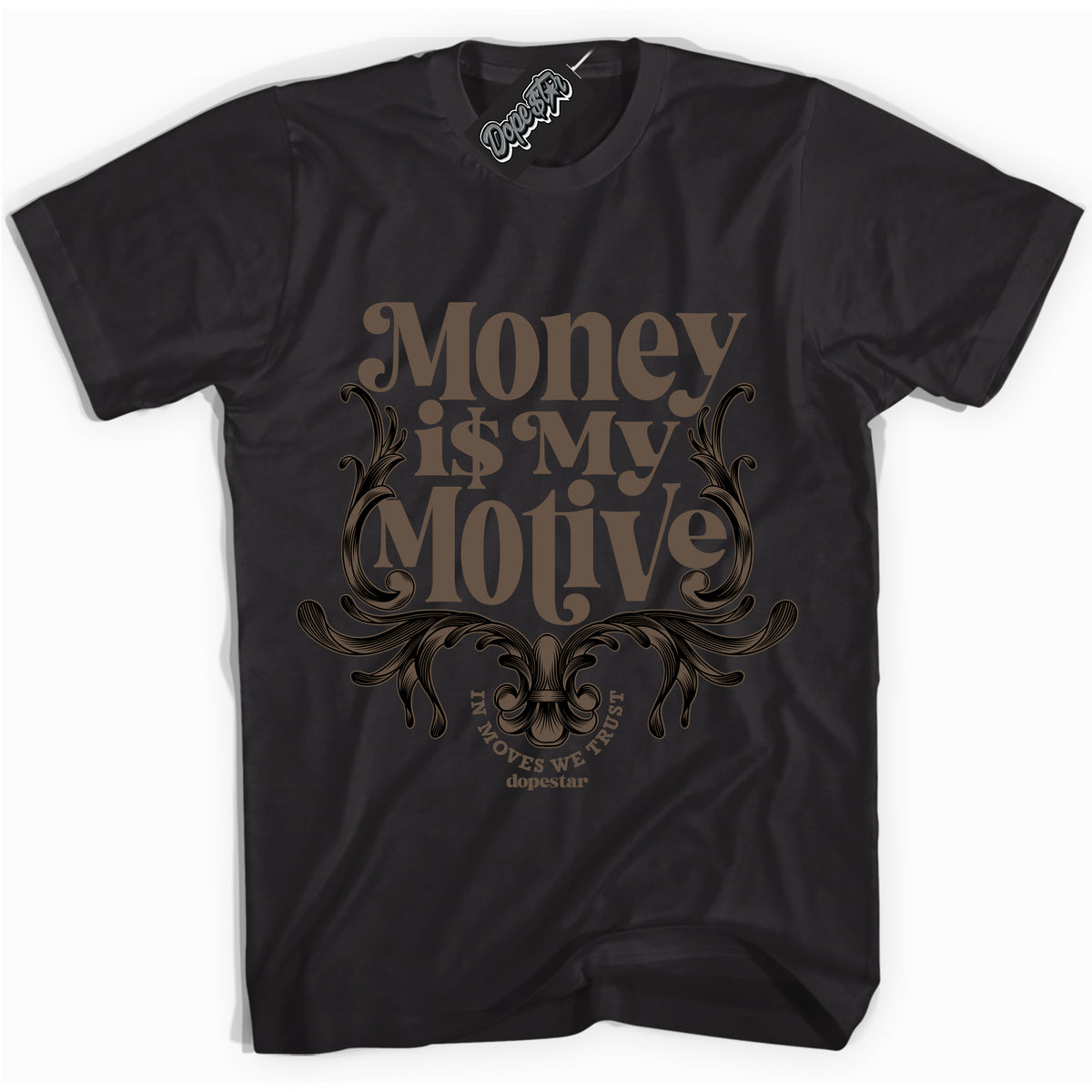 Cool Black Shirt with “Money Is My Motive” design that perfectly matches the Jumpman Jack TR Travis Scott Dark Mocha Sneakers.
