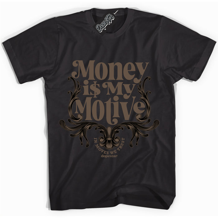 Cool Black Shirt with “Money Is My Motive” design that perfectly matches the Jumpman Jack TR Travis Scott Dark Mocha Sneakers.