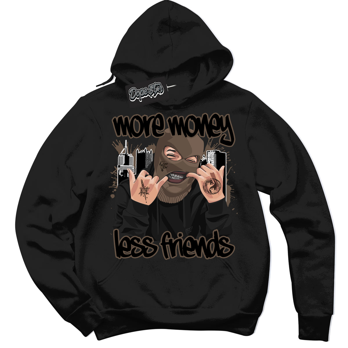 Cool Black Hoodie with “More Money Less Friends” design that Perfectly Matches Jumpman Jack TR Travis Scott Dark Mocha Sneakers.
