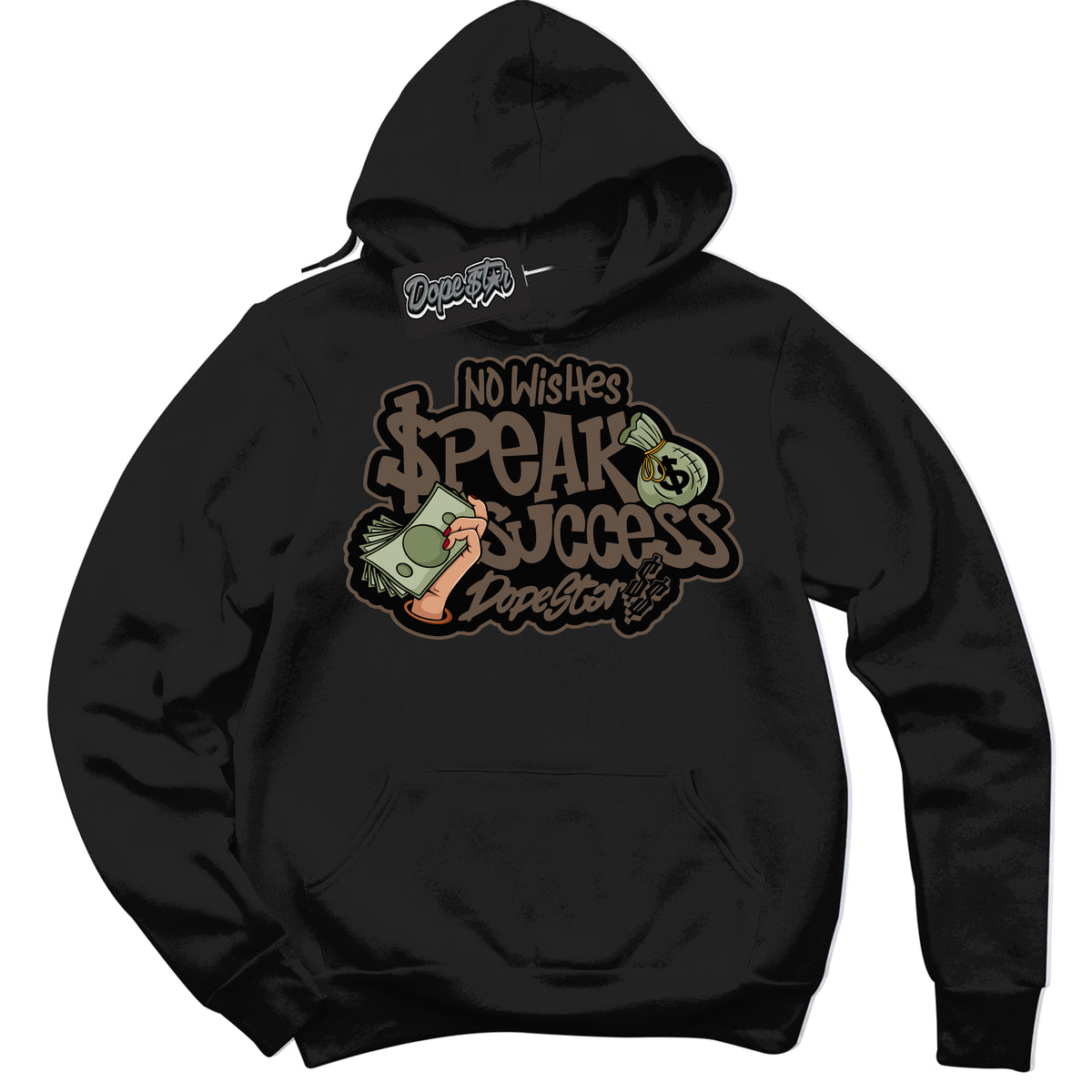 Cool Black Hoodie with “No Wish Speak Success” design that Perfectly Matches Jumpman Jack TR Travis Scott Dark Mocha Sneakers.