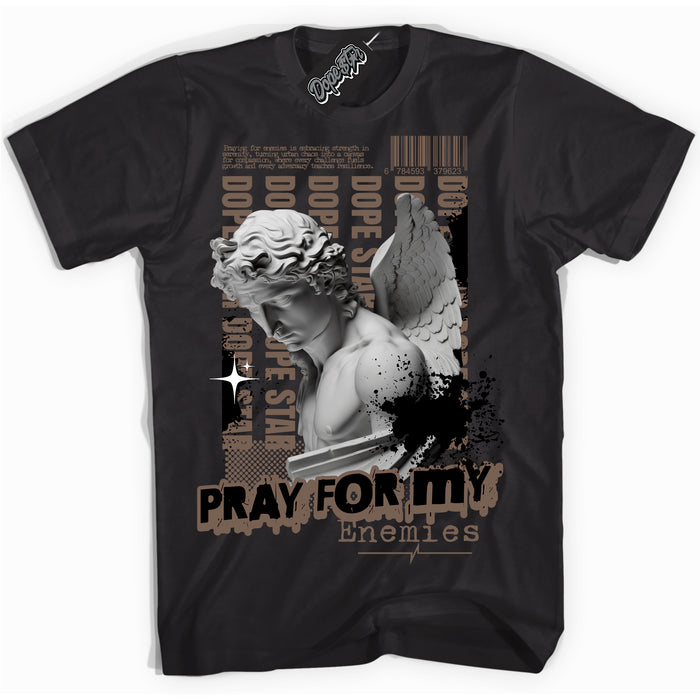 Cool Black Shirt with “Pray Enemies” design that perfectly matches the Jumpman Jack TR Travis Scott Dark Mocha Sneakers.