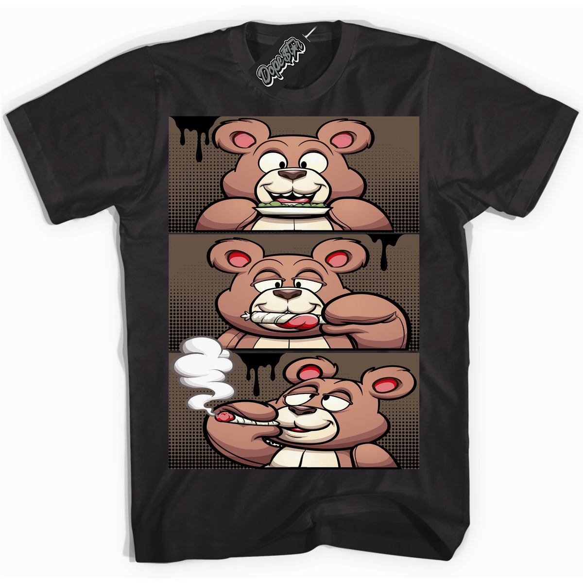 Cool Black Shirt with “Roll It Lick It Smoke It Bear” design that perfectly matches the Jumpman Jack TR Travis Scott Dark Mocha Sneakers.
