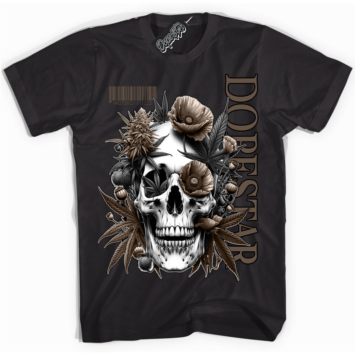 Cool Black Shirt with “Skull Poppies” design that perfectly matches the Jumpman Jack TR Travis Scott Dark Mocha Sneakers.