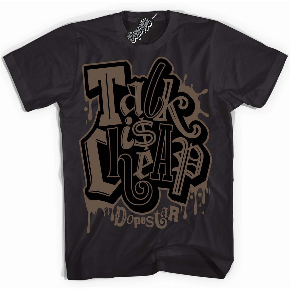 Cool Black Shirt with “Talk Is Cheap” design that perfectly matches the Jumpman Jack TR Travis Scott Dark Mocha Sneakers.