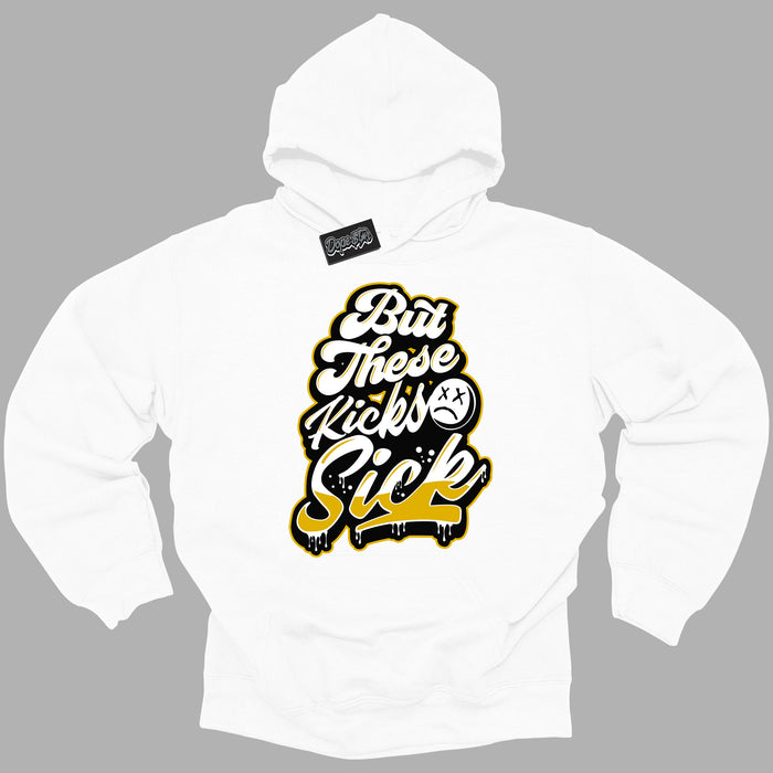 Cool White Hoodie with “ Kick Sick ”  design that Perfectly Matches Yellow Ochre 6s Sneakers.