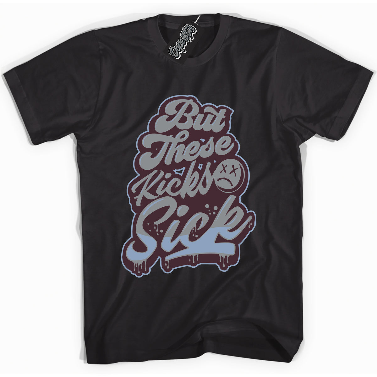 Cool Black Shirt with “ Kick Sick” design that perfectly matches Burgundy 5s Sneakers.