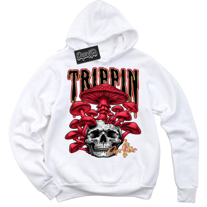 Cool White Hoodie with “Trippin” design that Perfectly Matches Reverse Grinch 6s Sneakers.