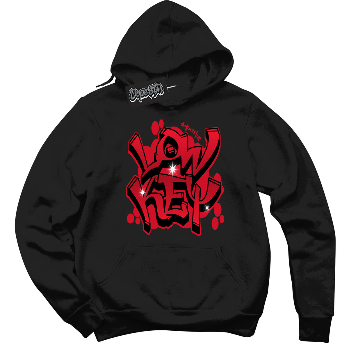 Black “Low Key” Hoodie by Dope Star Brand®, styled to match Bred 1s sneakers
