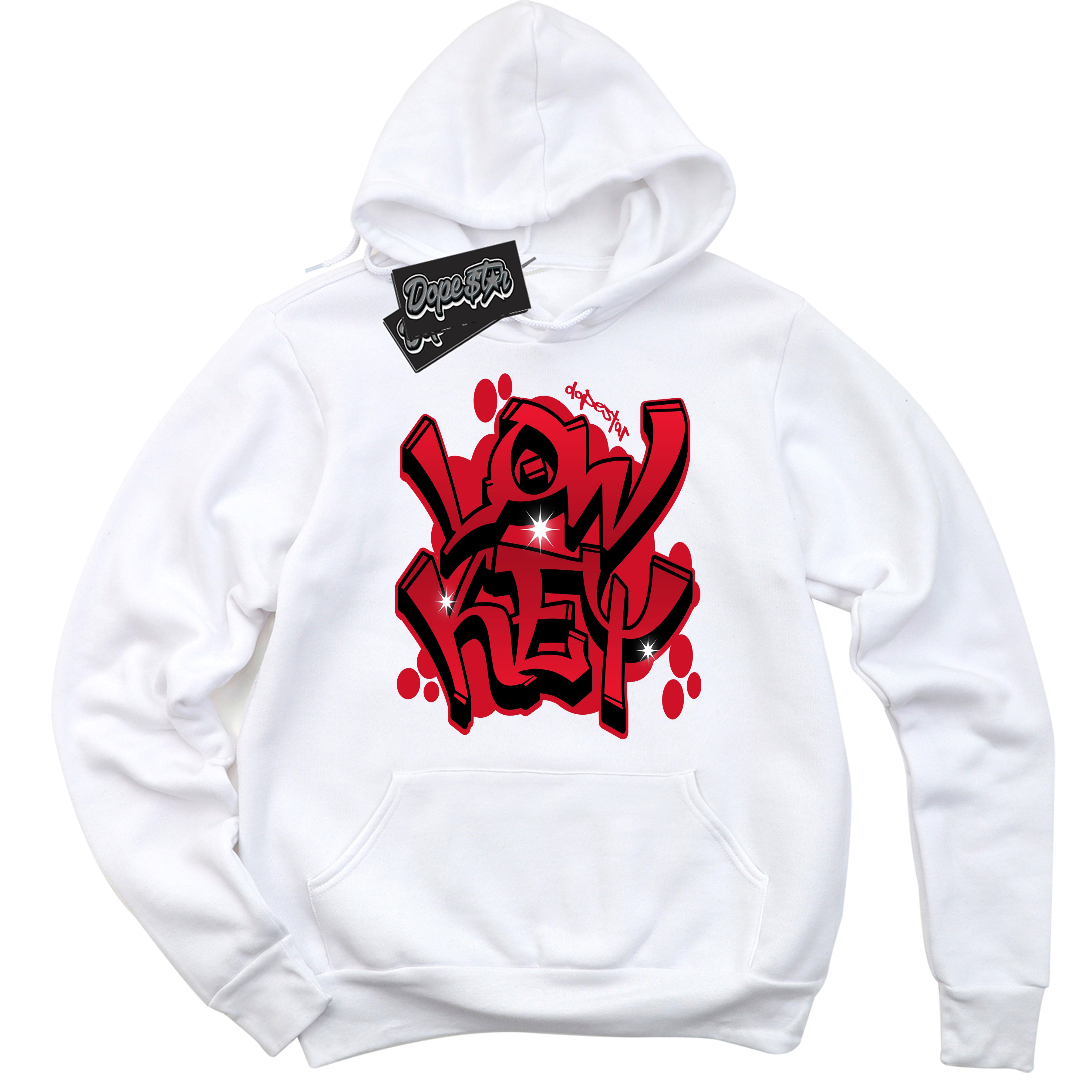 White “Low Key” Hoodie by Dope Star Brand®, styled to match Bred 1s sneakers
