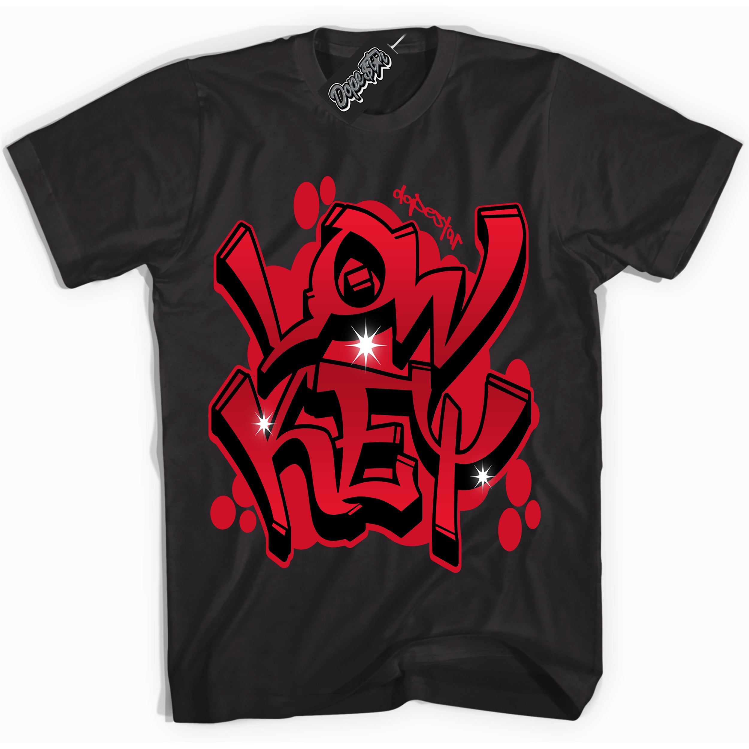 Black “Low Key” T-shirt by Dope Star Brand®, styled to match Bred 1s sneakers
