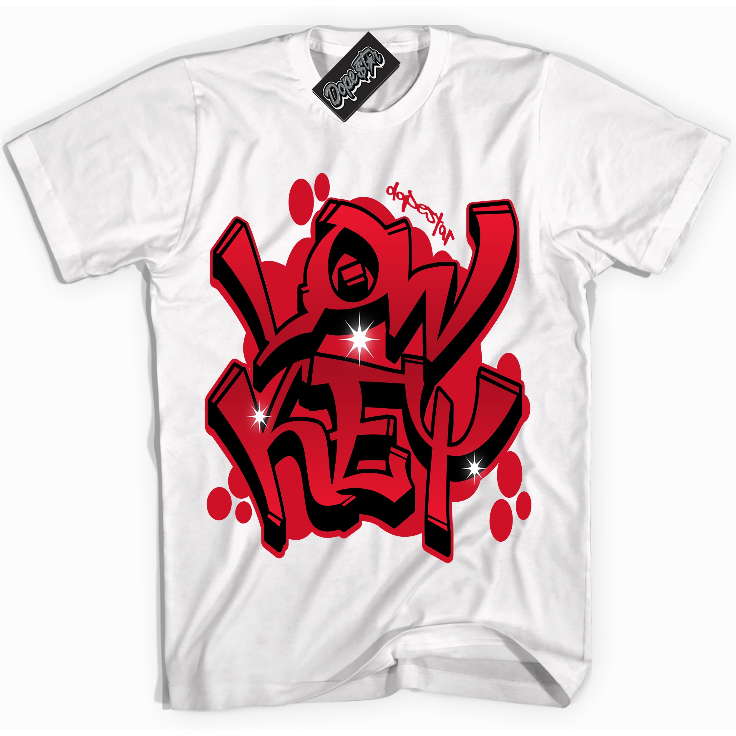 White “Low Key” T-shirt by Dope Star Brand®, styled to match Bred 1s sneakers
