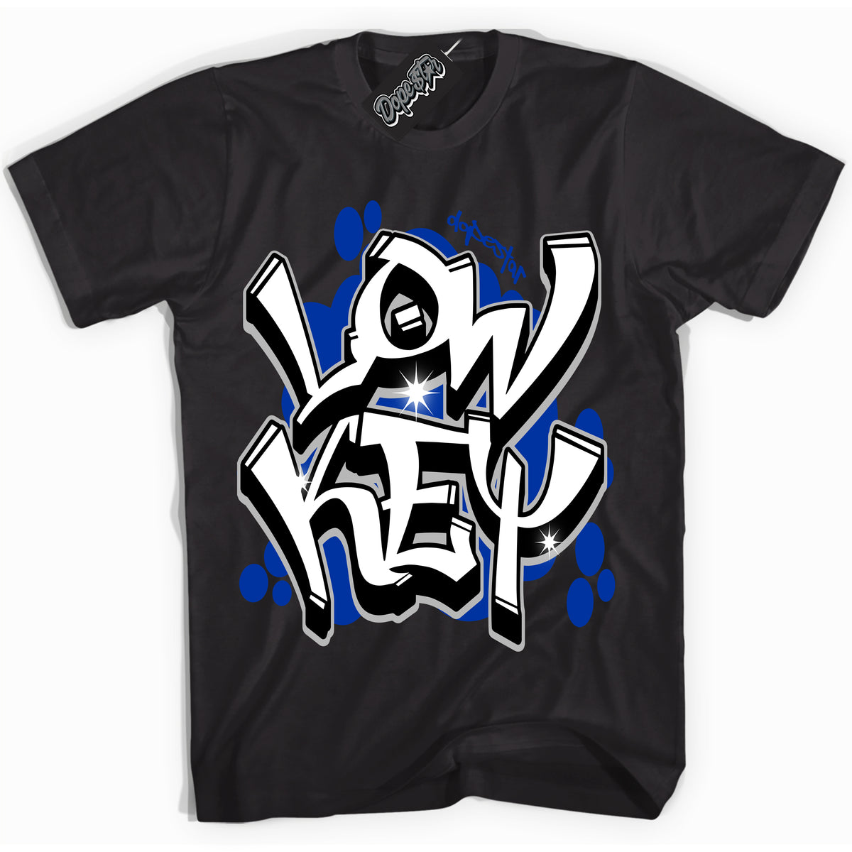 Black “Low Key” T-shirt by Dope Star Brand®, styled to match Deep Royal Blue 1s sneakers