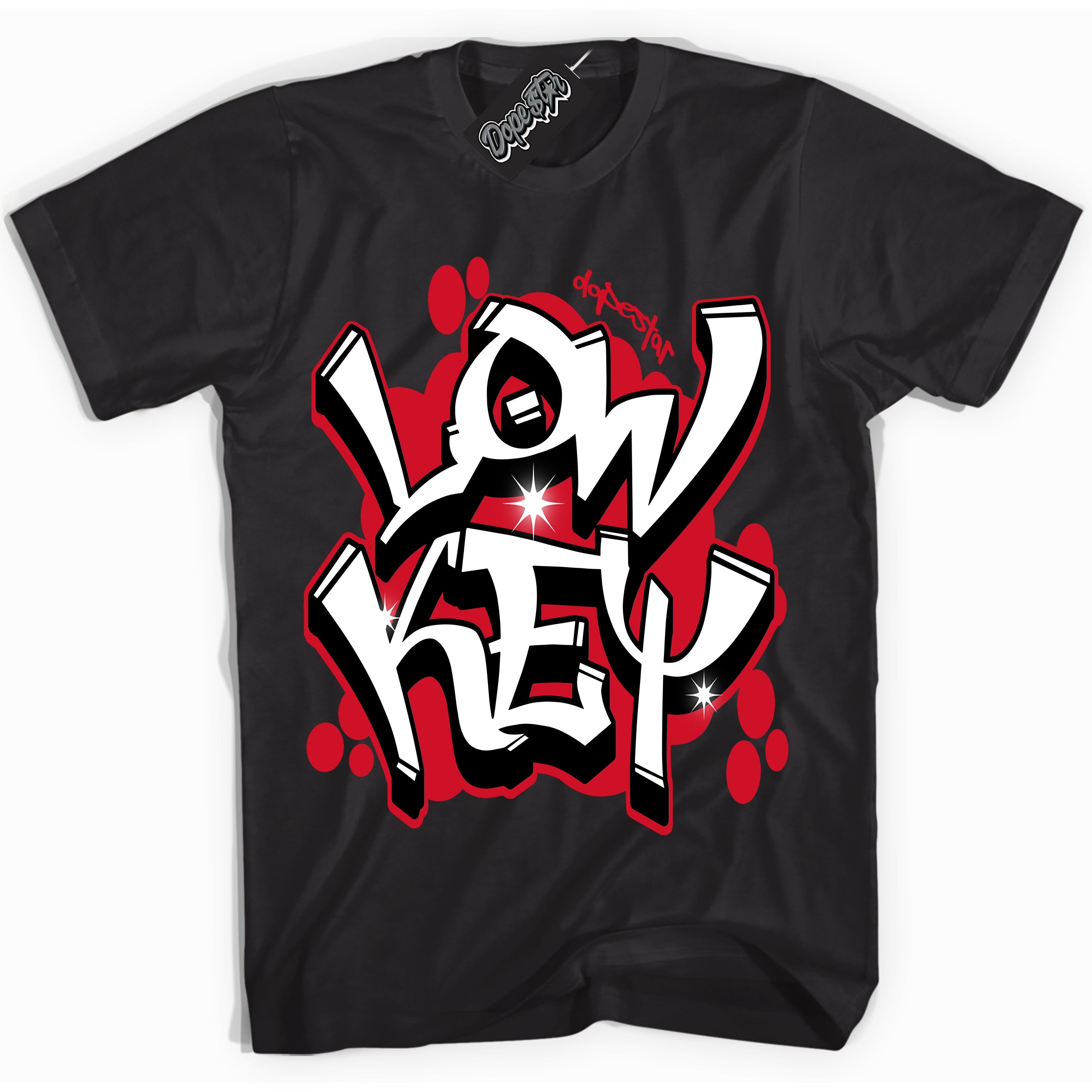 Black “Low Key” T-shirt by Dope Star Brand®, styled to match Black Toe 1s sneakers
