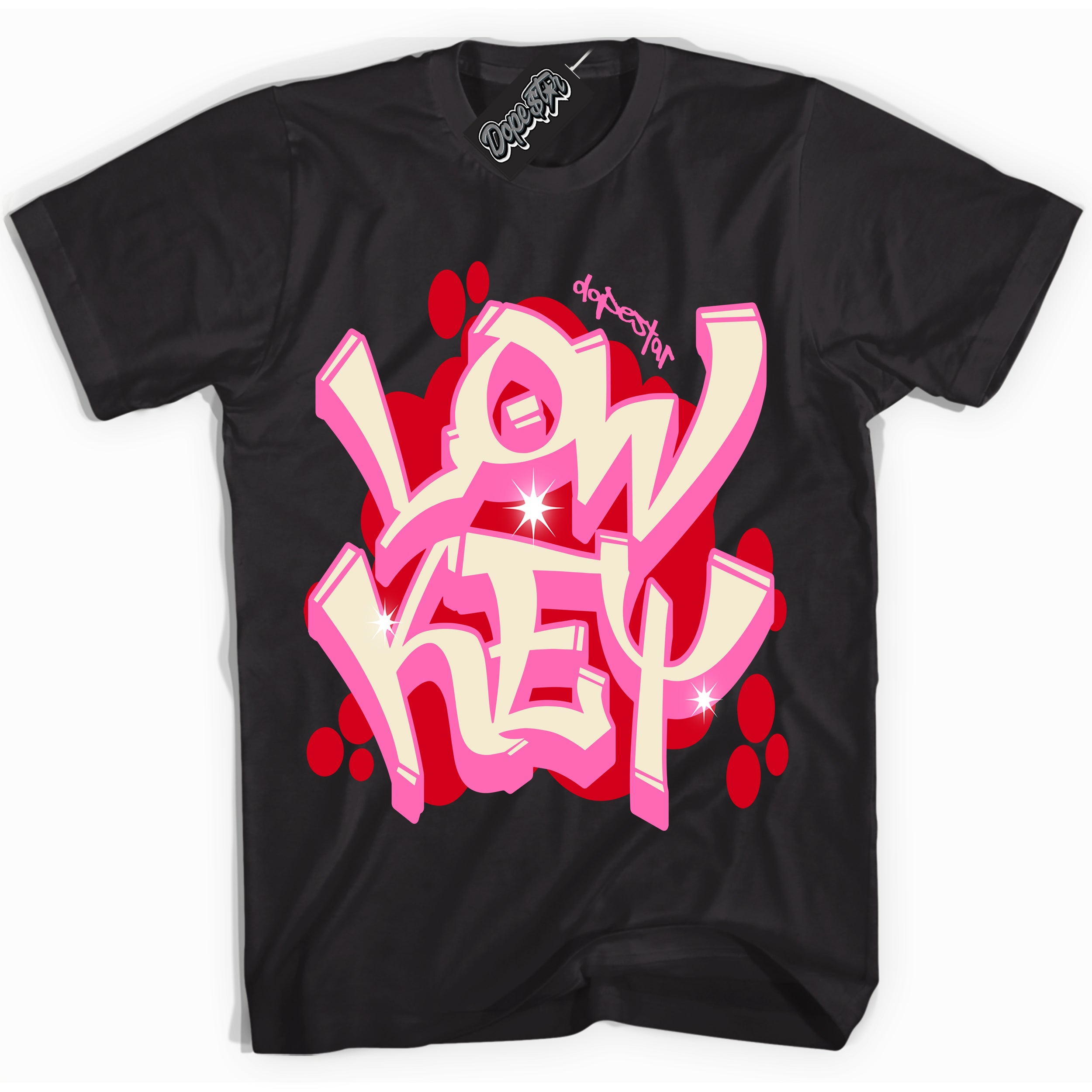 Black “Low Key” T-shirt by Dope Star Brand®, styled to match Pink Satin 1s sneakers
