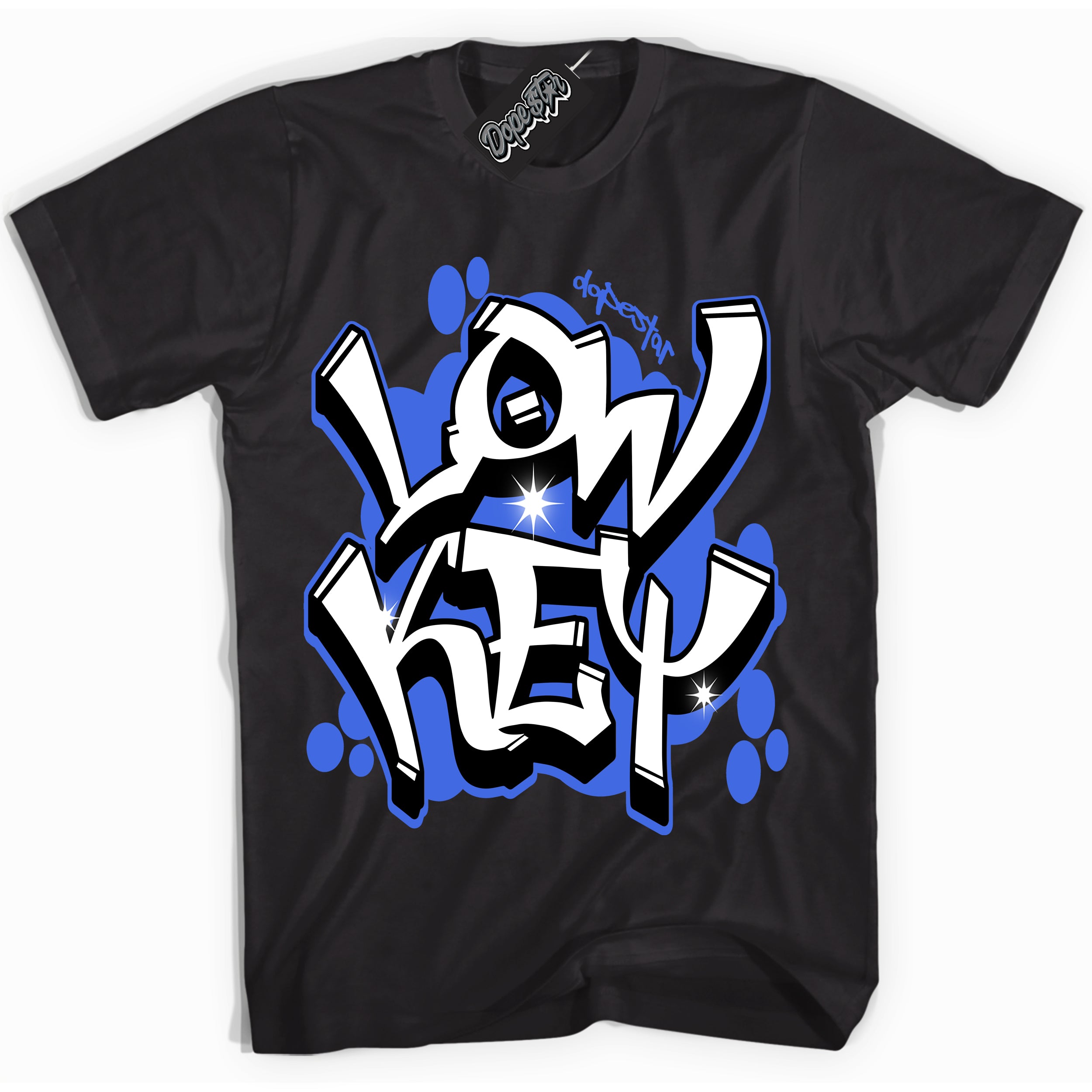 Black “Low Key” T-shirt by Dope Star Brand®, styled to match Royal 1s sneakers