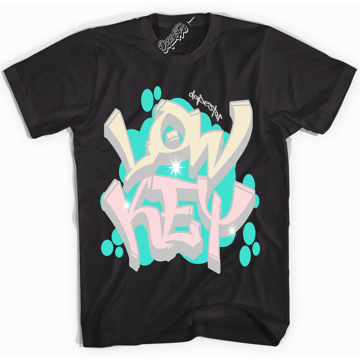 Black “Low Key” T-shirt by Dope Star Brand®, styled to match Soft Pearl 1s sneakers
