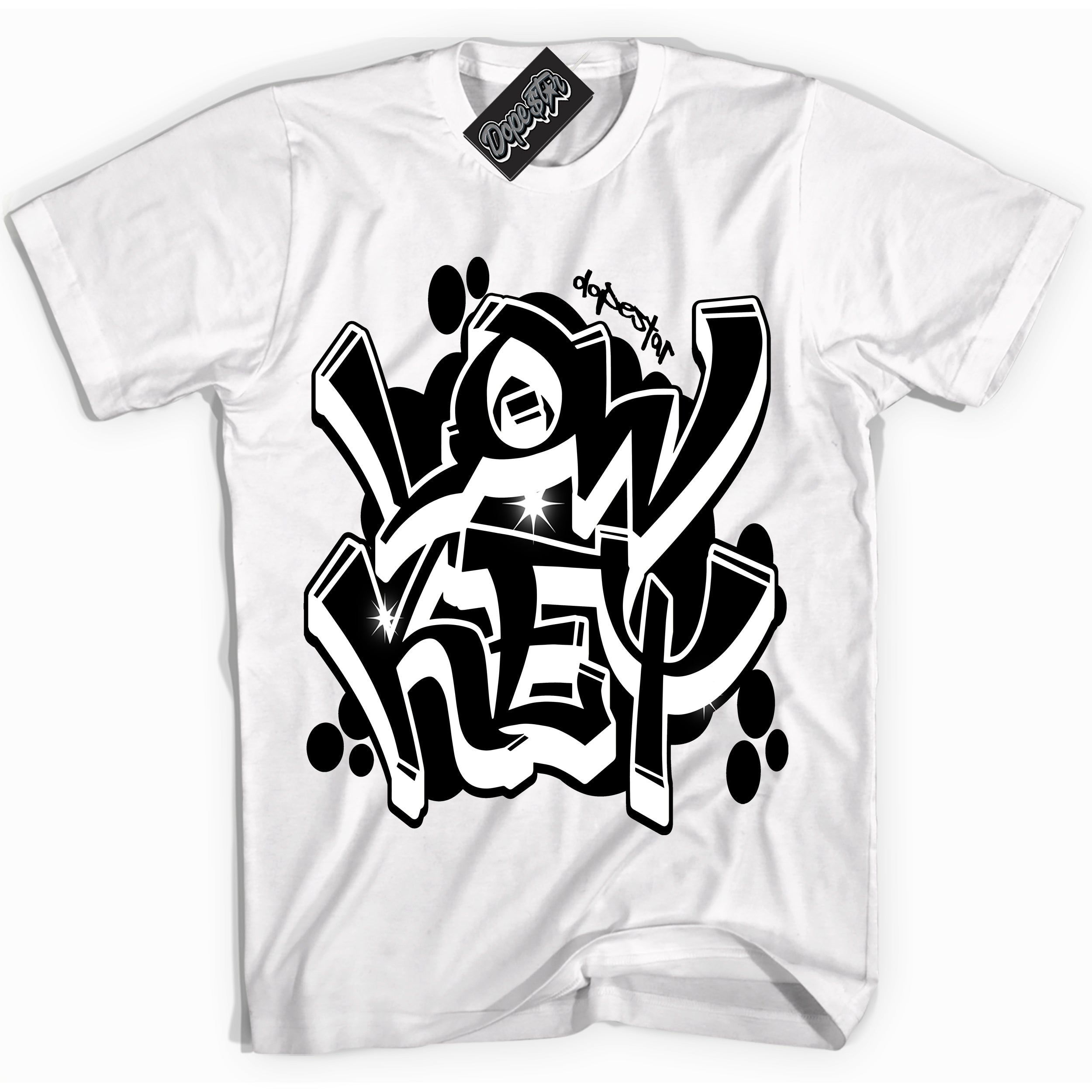 White “Low Key” T-shirt by Dope Star Brand®, styled to match Panda Dunk sneakers
