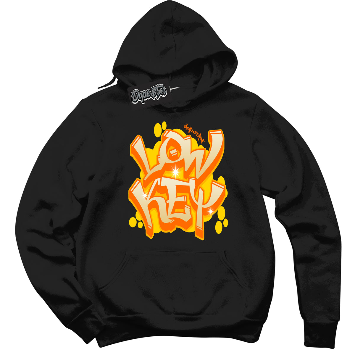 Black “Low Key” Hoodie by Dope Star Brand®, styled to match Saturn Gold Dunk sneaker.