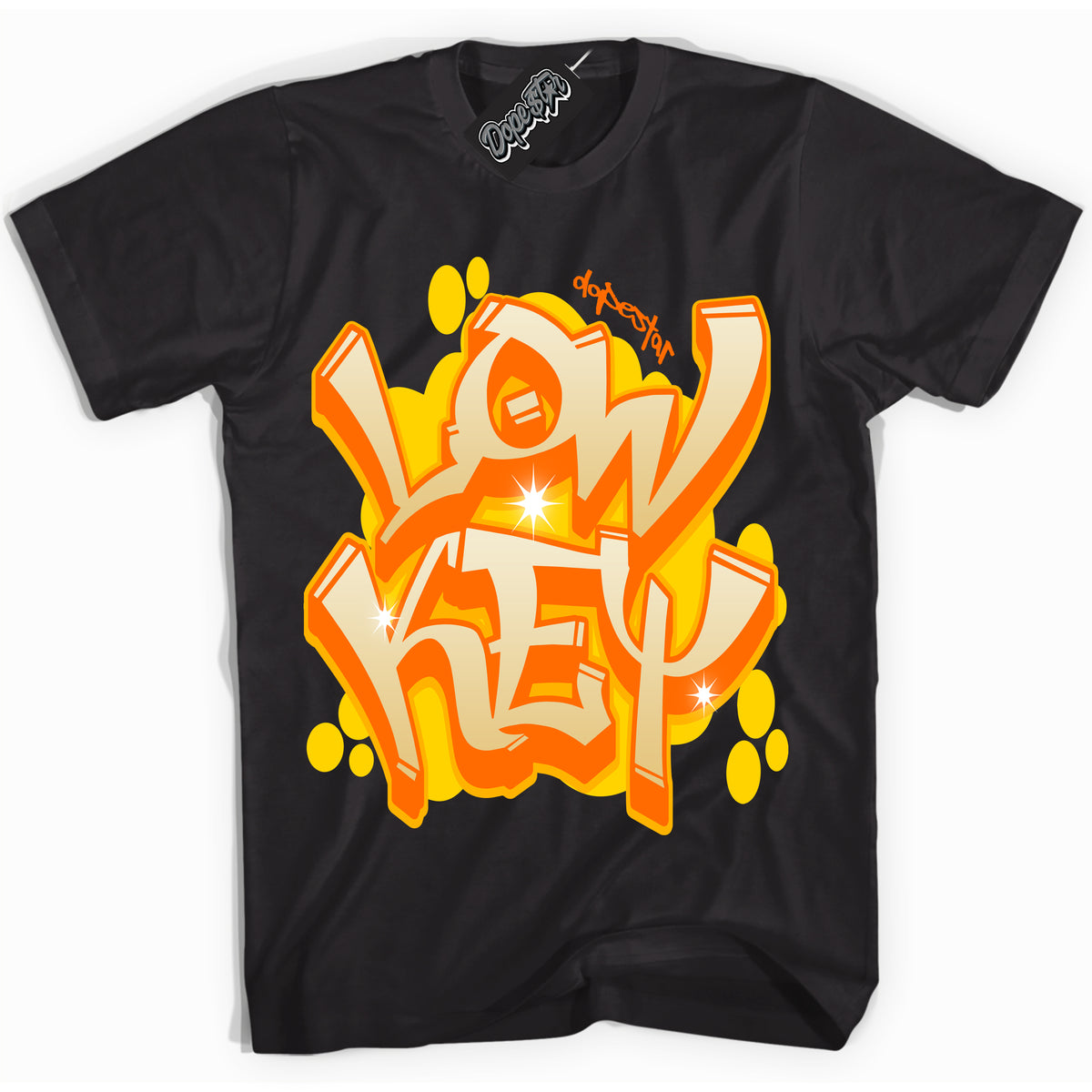 Black “Low Key” T-shirt by Dope Star Brand®, styled to match Saturn Gold Dunk sneakers