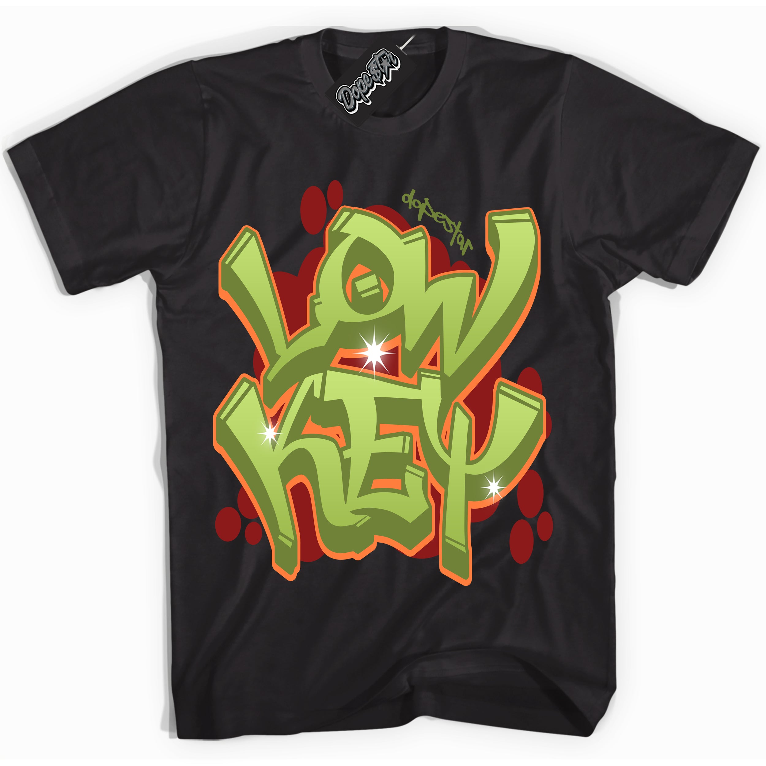Black “Low Key” T-shirt by Dope Star Brand®, styled to match Green Curry Dunk sneakers
