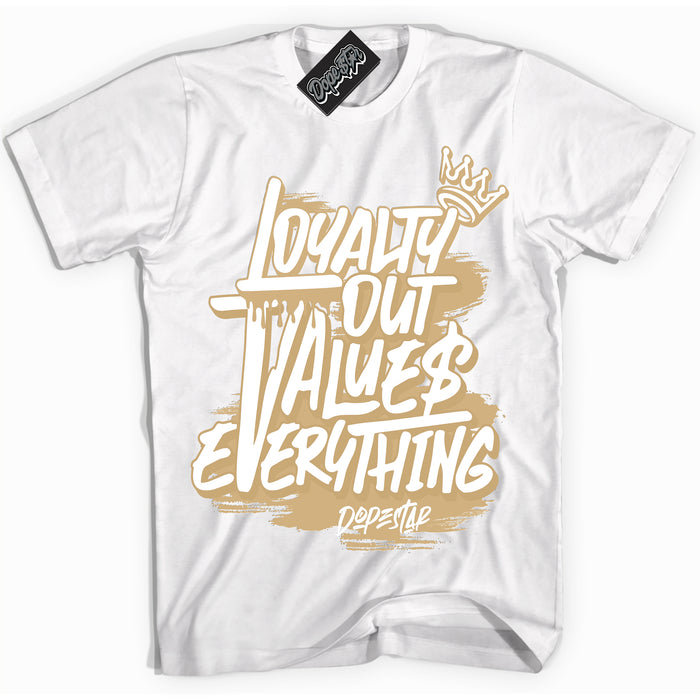Jordan MVP White Metallic Gold ‘Loyalty Out Values Everything’ – White Streetwear T-Shirt | Sneaker Matching shirt for Jordan MVP White Metallic Gold | Men's and Women's Streetwear Graphic Tee by Sneaker Shirts Outlet.
