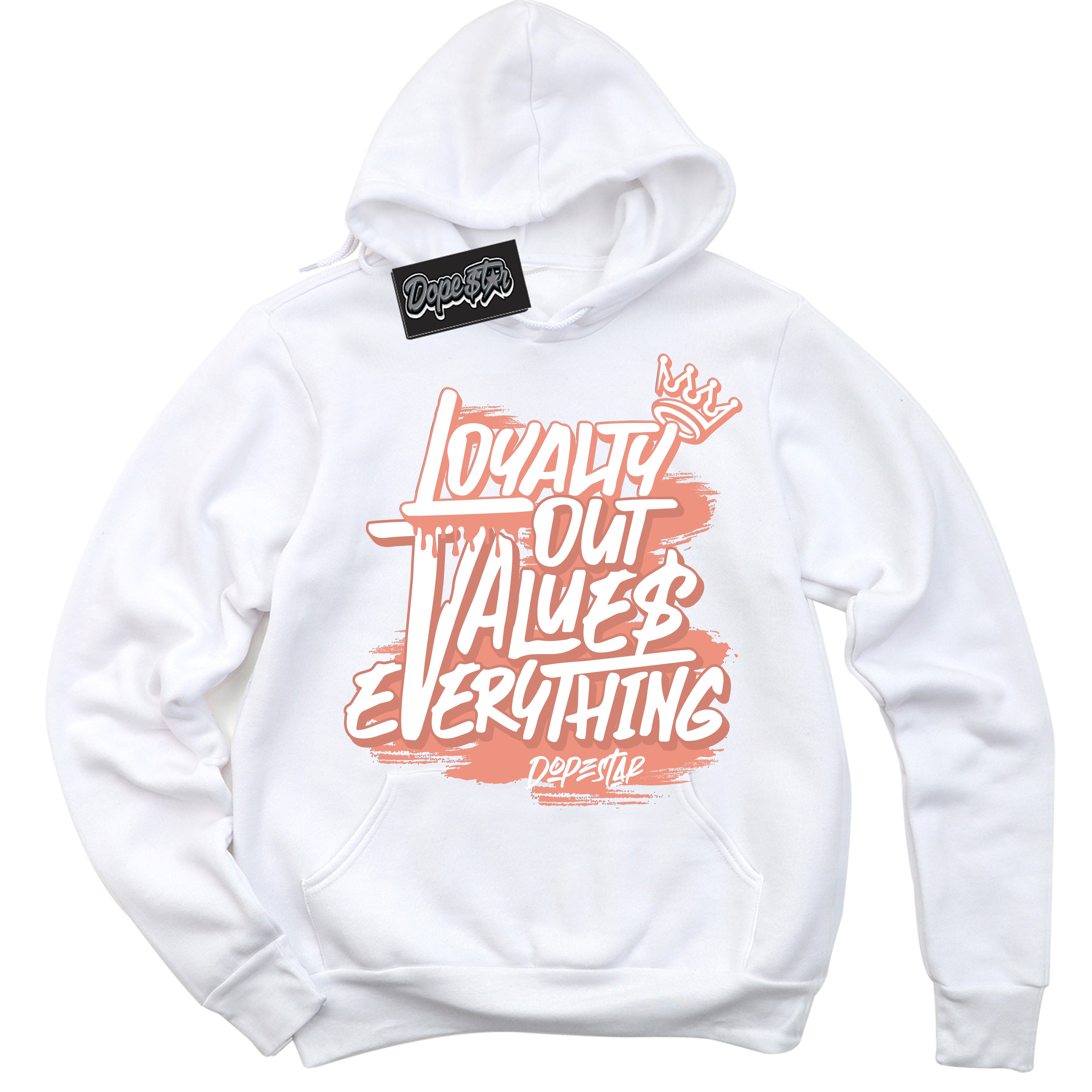 Dunk Low Light Wild Mango 'Loyalty Out Values Everything' Hoodie – White Streetwear Sweatshirt | Sneaker Matching Hoodie for Dunk Low Light Wild Mango | Urban Fashion for Loyalty Out Values Everything | Men's & Women's Streetwear Outfit by Sneaker Shirts Outlet.