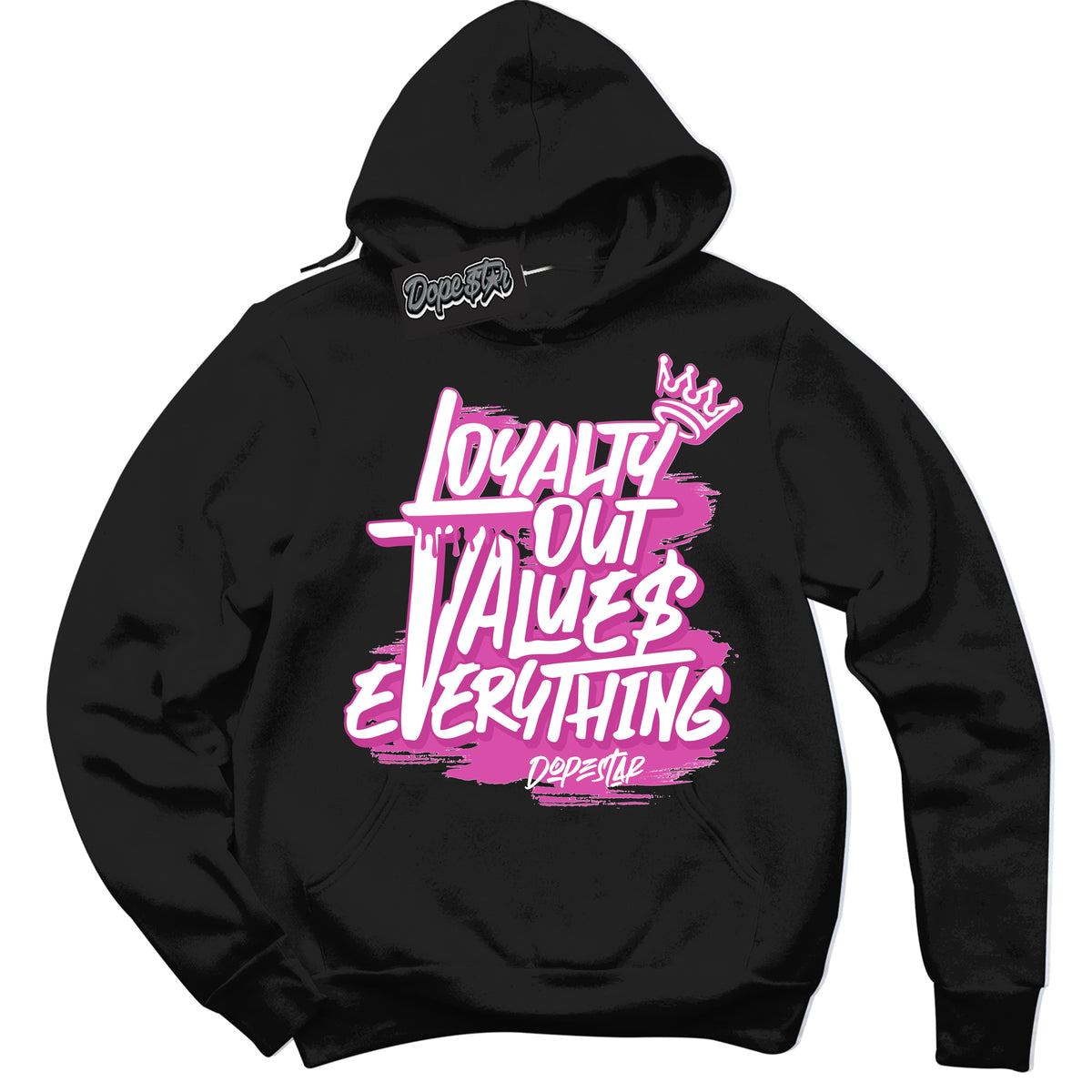 Black Hoodie with playful pink and black "Loyalty Out Values Everything" graphic, made to match Air Max 1 Valentine's Day sneakers | Sneaker Shirts Outlet
