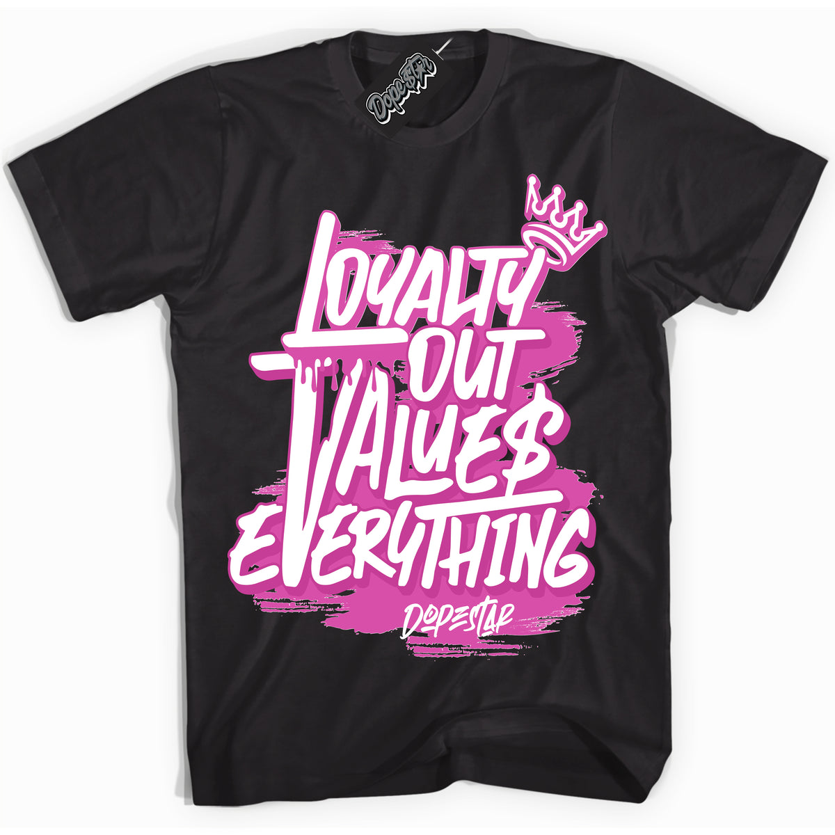 Black T-shirt with playful pink and black "Loyalty Out Values Everything" graphic, made to match Air Max 1 Valentine's Day sneakers | Sneaker Shirts Outlet