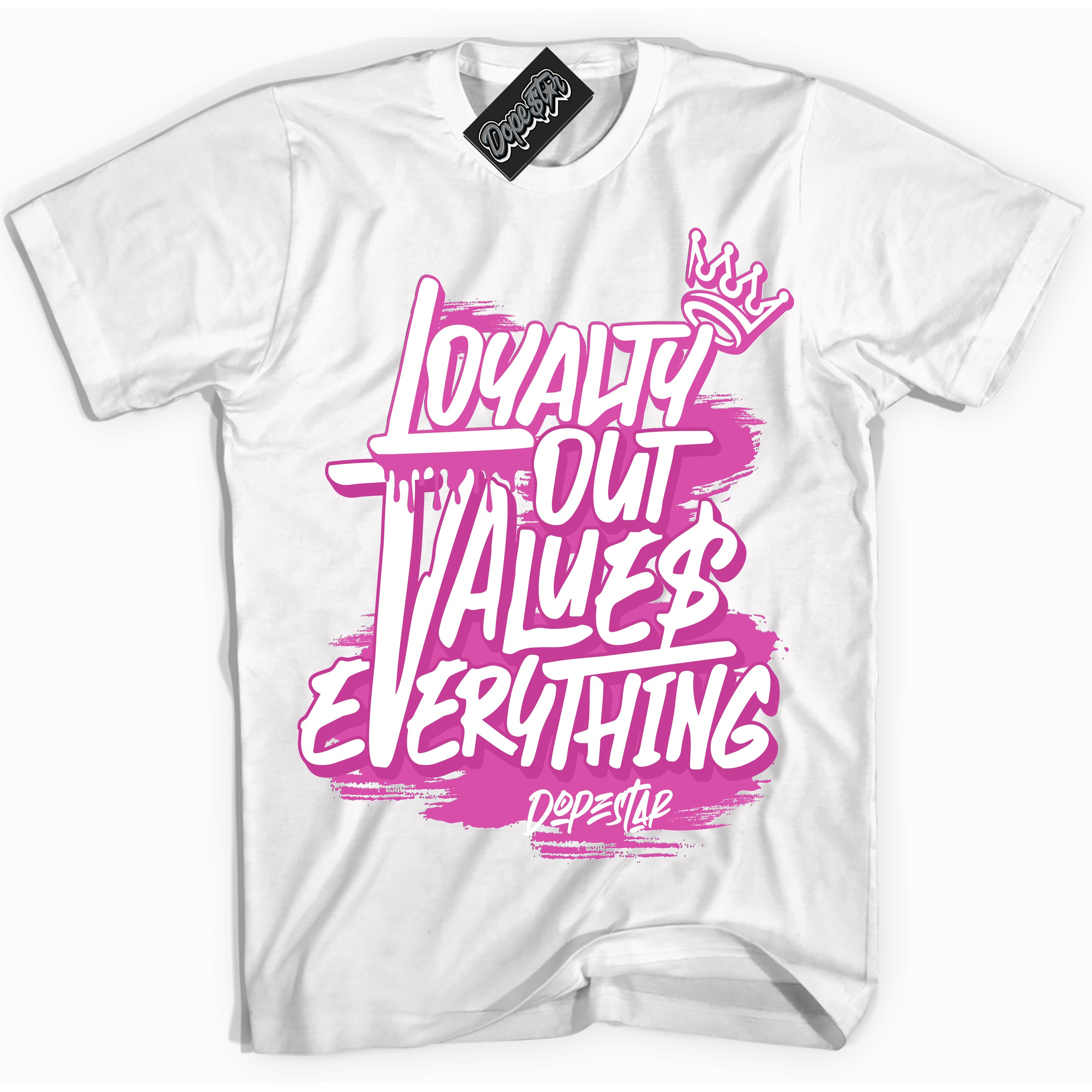 White T-shirt with playful pink and black "Loyalty Out Values Everything" graphic, made to match Air Max 1 Valentine's Day sneakers | Sneaker Shirts Outlet