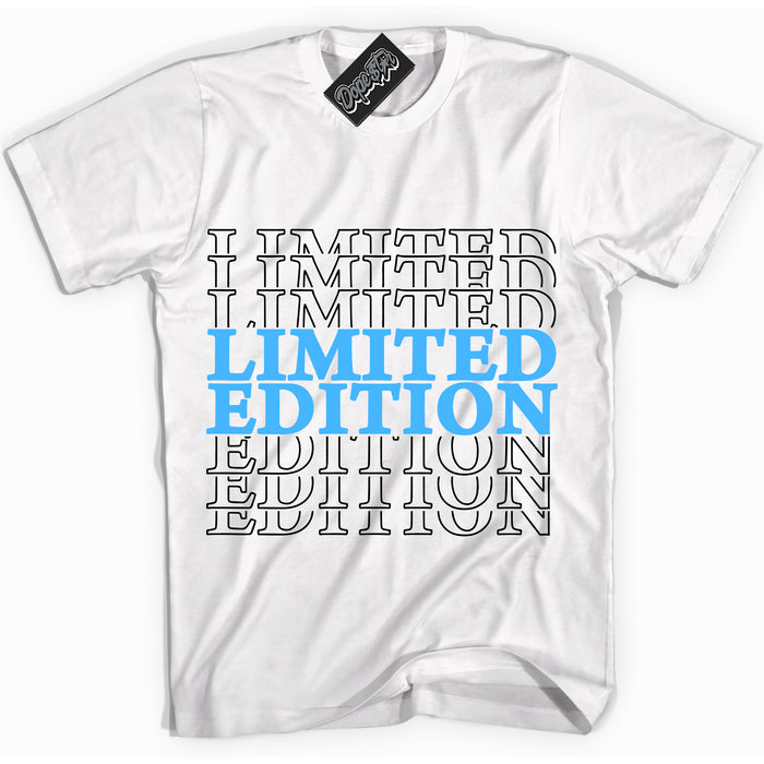Cool White graphic tee with “ Limited Edition ” design, that perfectly matches Powder Blue 9s sneakers 