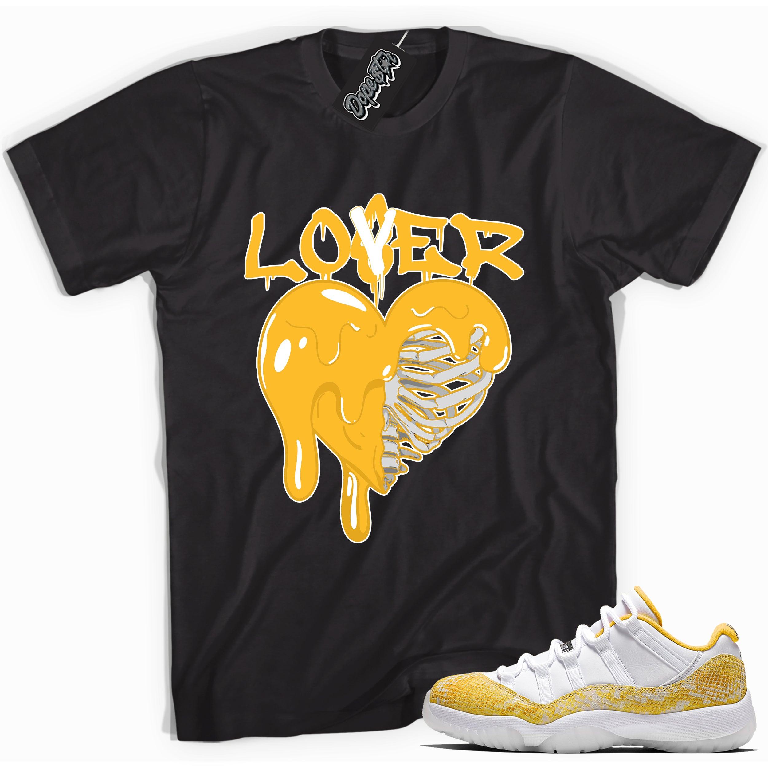 Cool black graphic tee with 'lover/loser' print, that perfectly matches  Air Jordan 11 Retro Low Yellow Snakeskin sneakers