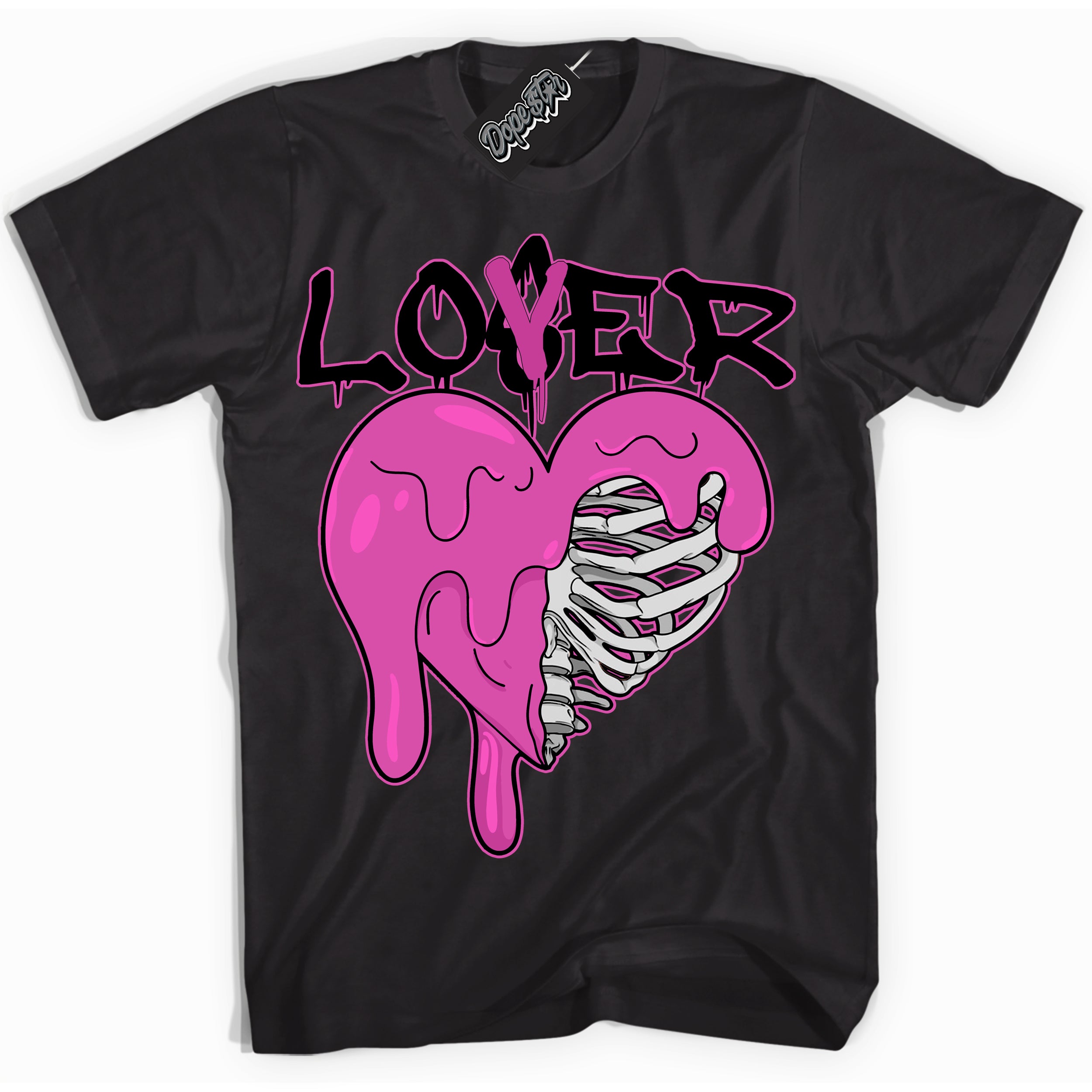Black T-shirt with playful pink and black "Lover Loser" graphic, made to match Air Max 1 Valentine's Day sneakers | Sneaker Shirts Outlet
