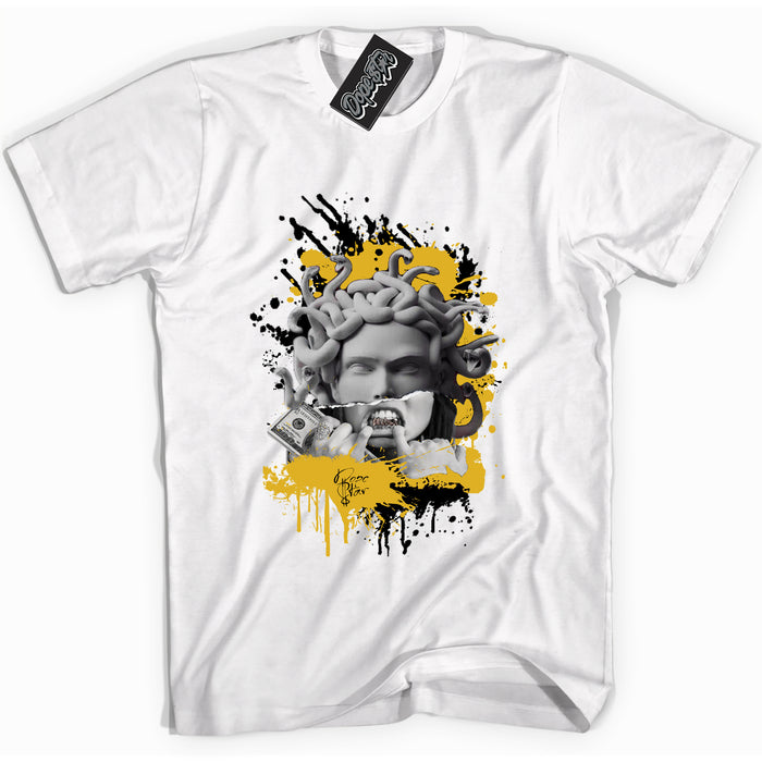 Cool White Shirt with “ Medusa” design that perfectly matches Yellow Ochre 6s Sneakers.