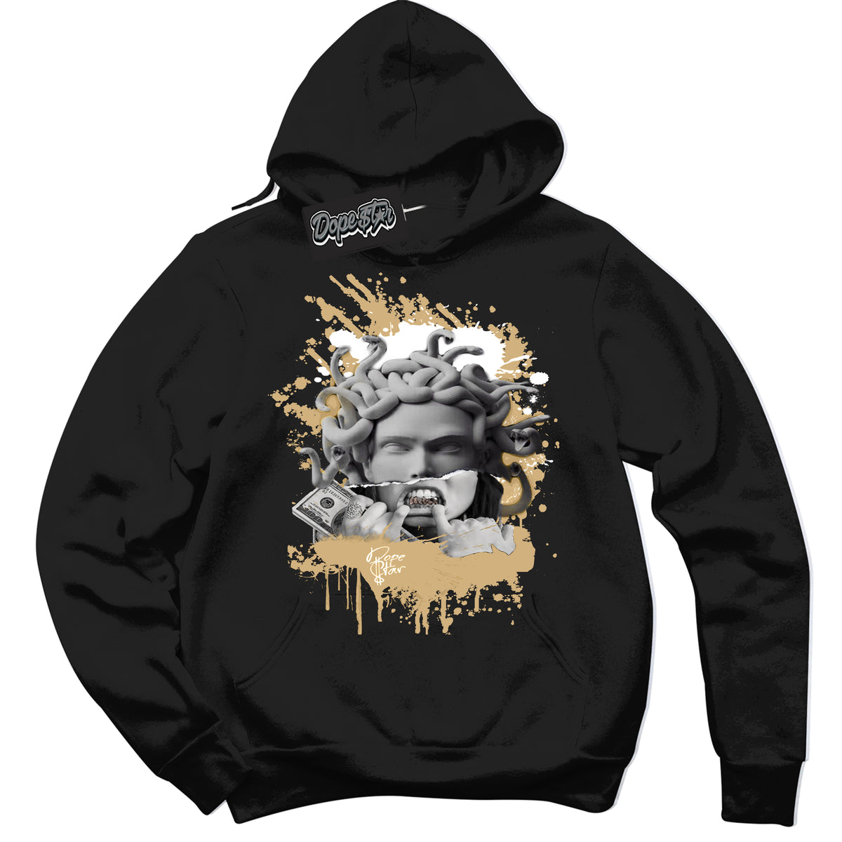 Jordan MVP White Metallic Gold ‘Medusa’ – Black Streetwear Hoodie | Sneaker Matching sweatshirt for Jordan MVP White Metallic Gold | Men's and Women's Streetwear Graphic Hoodie by Sneaker Shirts Outlet
