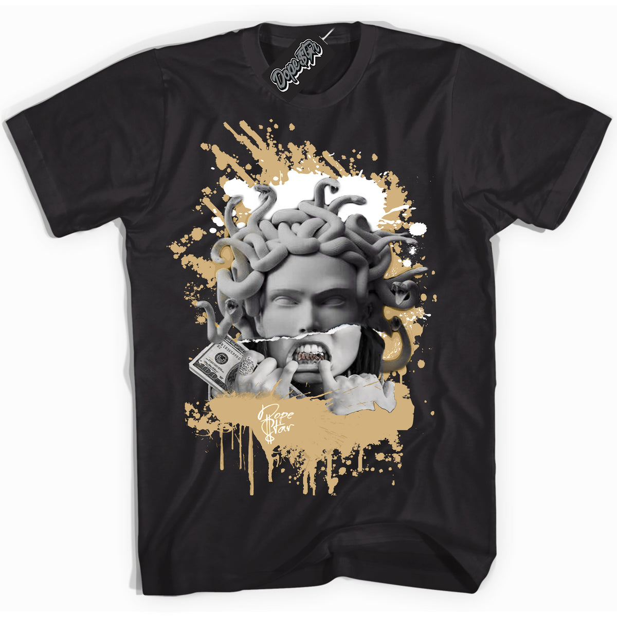 Jordan MVP White Metallic Gold ‘Medusa’ – Black Streetwear T-Shirt | Sneaker Matching shirt for Jordan MVP White Metallic Gold | Men's and Women's Streetwear Graphic Tee by Sneaker Shirts Outlet.
