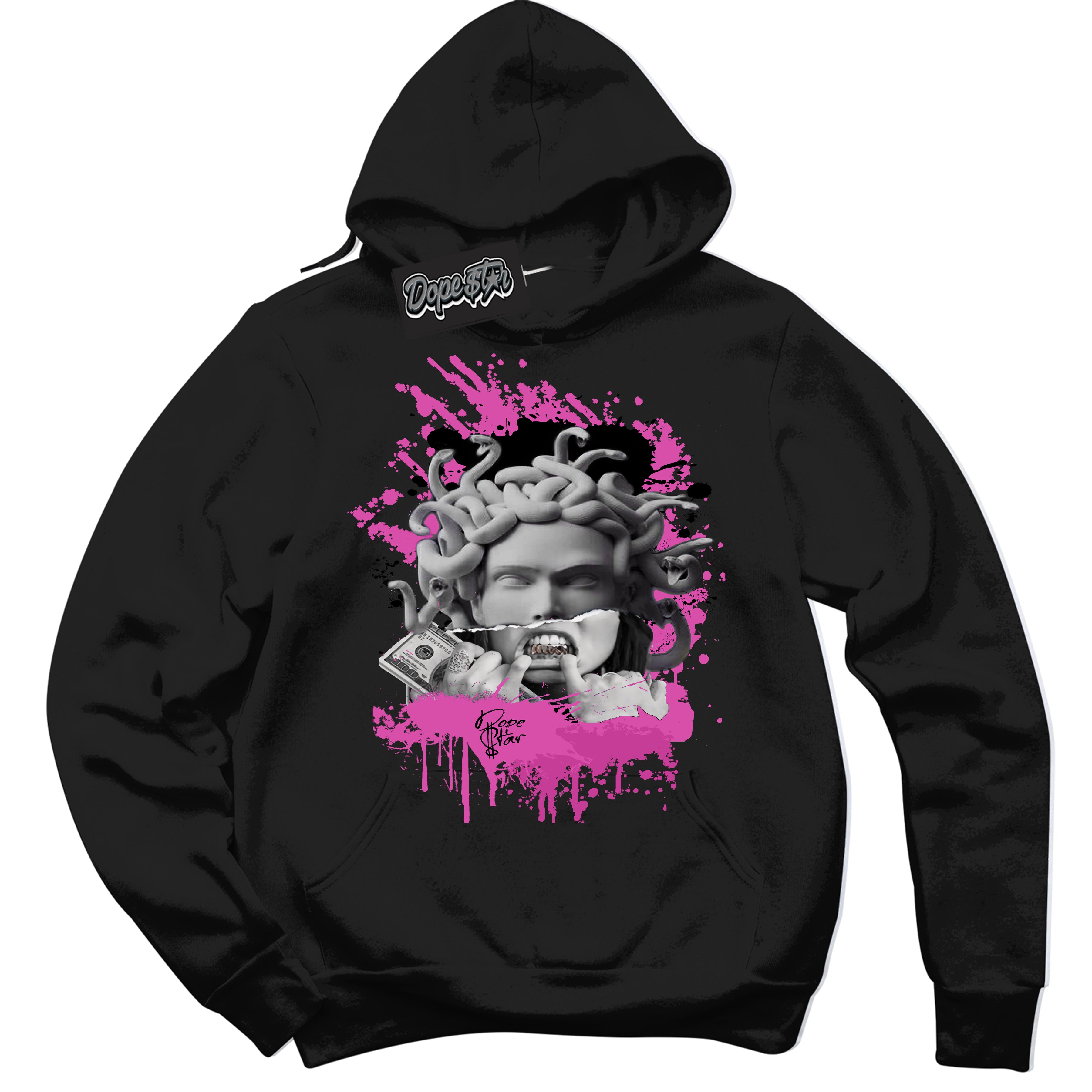 Black Hoodie with playful pink and black "Medusa" graphic, made to match Air Max 1 Valentine's Day sneakers | Sneaker Shirts Outlet
