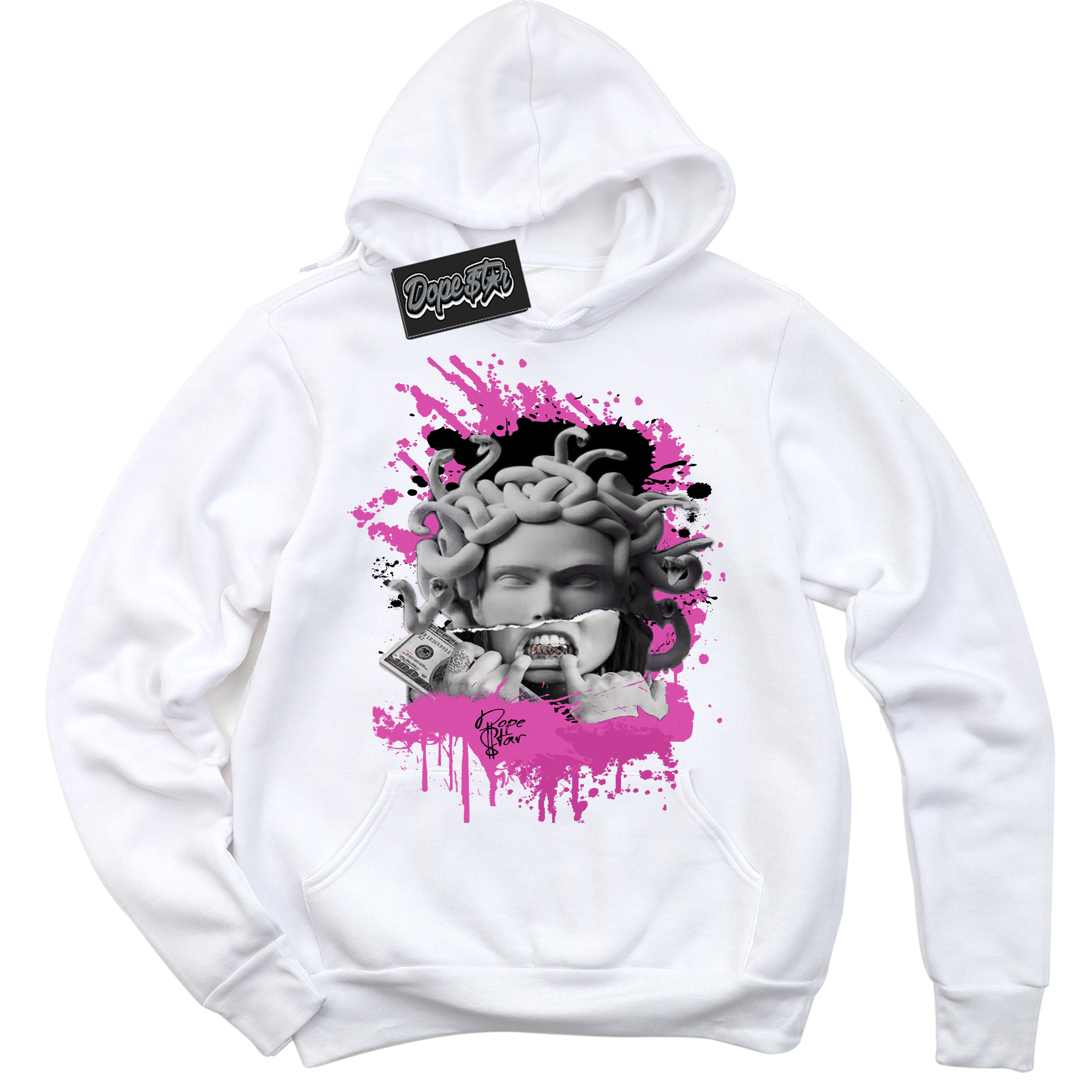 White Hoodie with playful pink and black "Medusa" graphic, made to match Air Max 1 Valentine's Day sneakers | Sneaker Shirts Outlet
